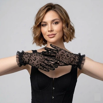 Рукавички жіночі з леопардовим принтом та рюшами Honey Fashion Accessories S/M/L чорний (7-42)