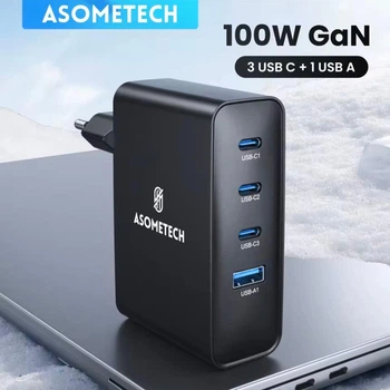 Мережевий зарядний пристрій Asometech 100W (1USB + 3Type-C) GAN