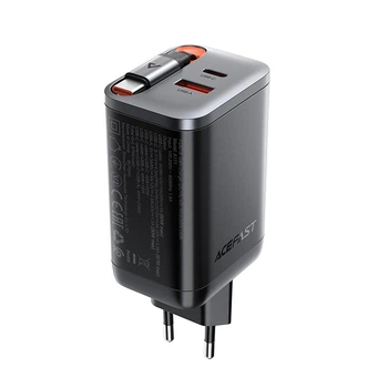 Адаптер мережевий ACEFAST PD GaN charger with retractable cable A111 |2USB-C/1USB-A, 67W/4.5A| Black