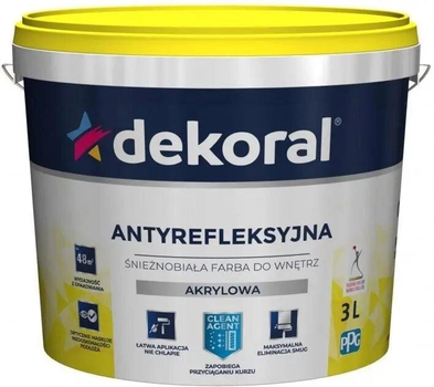 Краска акриловая снежнобелая для интерьера Dekoral ANTYREFLEKSYJNA POLINAK 3л