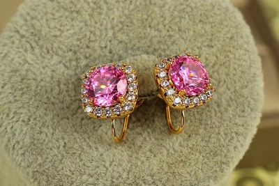 Серьги клипсы Xuping Jewelry Принцесса с розовым камнем 11 мм золотистые