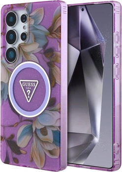 Etui Guess Glitter Flowers Triangle Buttons MagSafe do Samsung Galaxy S25 Ultra Purple (GUHMS25LHFLPEDU)