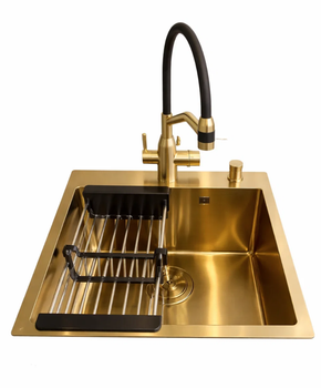 Кухонна мийка Kraft Decor 54×48 см, 3.0/1.0 мм, золота, зі змішувачем до фільтру з гнучким виливом, кошиком та дозатором