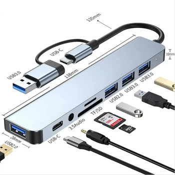 Адаптер-Хаб 8 в 1 USB Type-C, мультифункциональный концентратор, Hub, кардридер, переходник, разветвитель