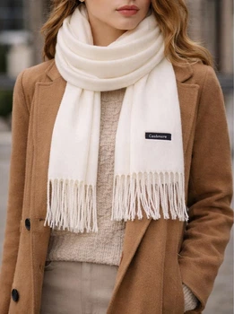 Жіноча шаль Cashmere з бахромою. 200*35см молочна