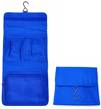 Тканевая сумка-косметичка Travel Case на 3 отделения, на липучке, синяя с металлическим крючком
