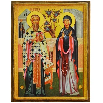Икона "Святой Киприан и Святая Юстиния" на дереве 15х20 см