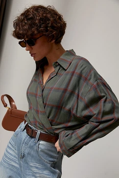 Классическая клетчатая рубашка свободного фасона Lurex Хаки One Size (93560)