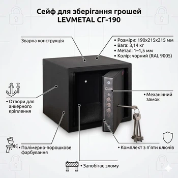 Сейф меблевий для грошей LEVMETAL СГ-190 190x215x215 мм Чорний
