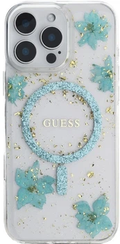 Etui Guess Resin Flowers Glitter MagSafe do Apple iPhone 16 Pro Przezroczysto-Turkusowe (3666339429201)