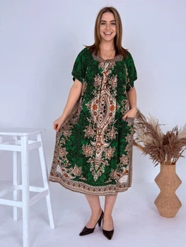 Жіноча сукня зі штапелю Saimeiqi, зелена з орнаментом, one size (1204-32)