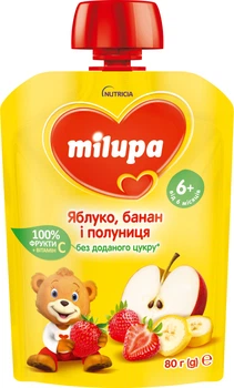 Фруктове пюре Milupa Яблуко-Банан-Полуниця з 6 місяців 80 г (6438091403587)