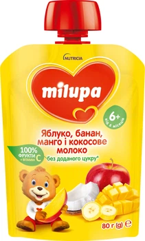 Фруктове пюре Milupa Яблуко-Банан-Манго-Кокос від 6 місяців 80 г (6438091414149)