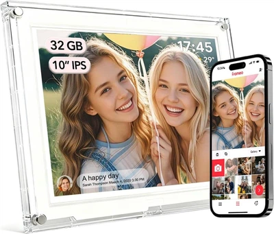 Цифровая фоторамка акриловая Frameo 10.1 дюймов 32Gb встроенной памяти с сенсорным управлением WiFi электронная рамка для фото подарка приложение FRAMEO сенсорный экран 1280x800 HD IPS интерактивный фотоальбом
