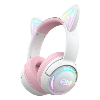 Детские беспроводные наушники Onikuma с кошачьими ушками, RGB подсветкой и микрофоном Игровая гарнитура с ушками Розовые