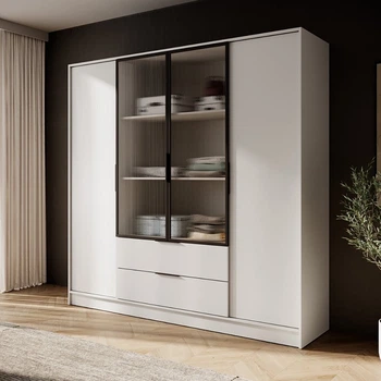 Гардеробна / шафа для одягу Perfect Home Келлі / Kelly 4DRM 4-дверна з центральними прозорими дверцятами та додатковими полицями Кашемір (PFH-091898)