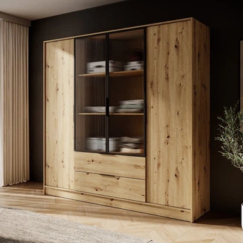 Гардеробна / шафа для одягу Perfect Home Келлі / Kelly 4DRM 4-дверна з центральними прозорими дверцятами та додатковими полицями Дуб артизан (PFH-091897)