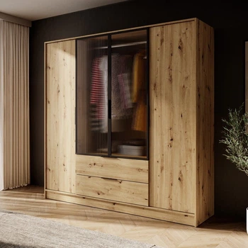 Гардеробна / шафа для одягу Perfect Home Келлі / Kelly 4DRM 4-дверна з центральними прозорими дверцятами та реєю Дуб артизан (PFH-091893)