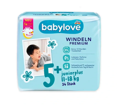 Підгузки Babylove Premium - розмір 5+, Juniorplus (11-18 кг), 34 шт
