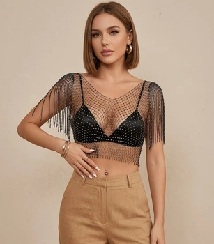 Кроп-топ сітка зі стразами та бахромою Honey Fashion Accessories S/M чорний (10-54)