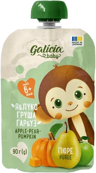 Пюре фруктово-овочеве Galicia Baby Яблуко-Груша-Гарбуз натуральне для дітей від 6 місяців 90 г (4820209564440)
