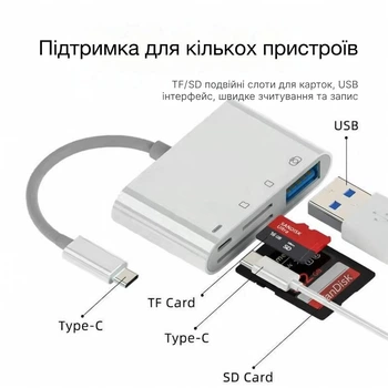 Адаптер USB-C OTG, 4-в-1 Type-C на USB 3.0 /PD,TF card, SD card, совместим с Android, iPhone .