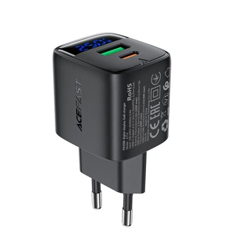 Мережевий зарядний пристрій ACEFAST A114 PD25W GaN charger (USB-A+USB-C) with digital display Black (6974316284437)