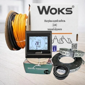 Нагрівальний кабель теплої підлоги WOKS 18 з Wi-Fi чорним регулятором від 7,2 м2 до 10,9 м2 (1220 Вт)