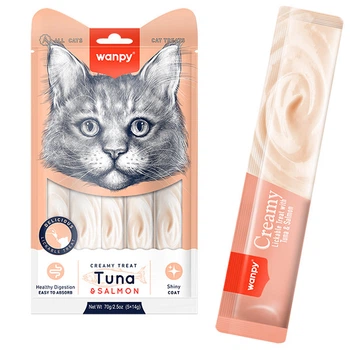 Ласощі для котів Wanpy Creamy Lickable Treats Tuna & Salmon ВАНПІ ТУНЕЦЬ З ЛОСОСЕМ рідкі ласощі для котів14 г (5 шт)
