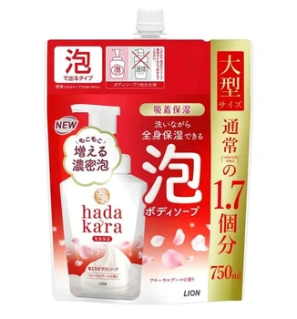 Увлажняющее пенное мыло для тела LION Hadakara Foam, цветочный букет, пополнение 750 мл