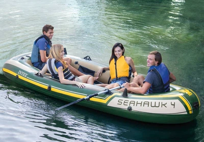 Човен надувний Intex 68351 «Seahawk 4 Set» (48*145*351 см, моторно-гребний, чотиримісний, трикамерний, весла ↔122см, насос, надувне дно, до 480 кг)