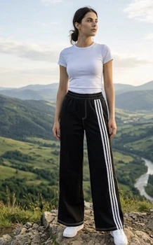 Жіночі штани з лампасами прямого крою (sport casual) чорного кольору розмір L (104-1)