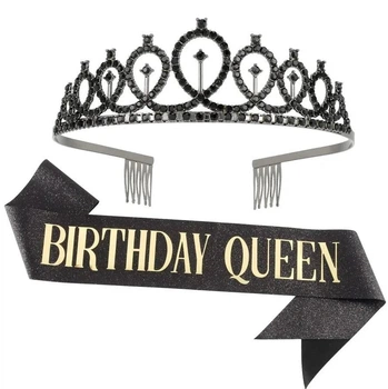 Женская диадема - корона для волос BIRTHDAY QUEEN тиара - обруч со стразами на день рождения + атласная лента, черный (129784422)