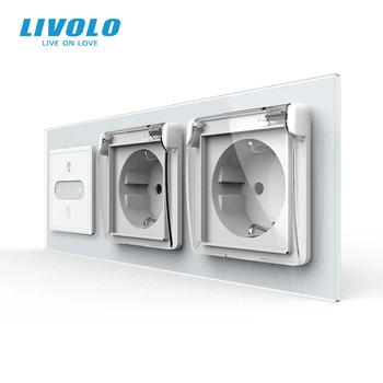 Умный сенсорный диммер LIVOLO с двумя розетками IP44, белый матовий, стекло, 16A 230V, с заземлением, шторки