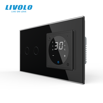Розумний терморегулятор LIVOLO з керуваннямз телефона, подвійний прохідний вимикач, чорний, скляна рамка