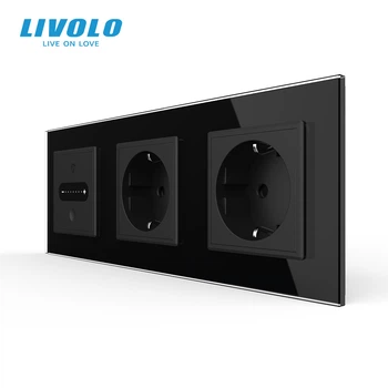 Умный сенсорный проходной диммер LIVOLO с 2 розетками, черный 2.5D, стекло, 2A 230V