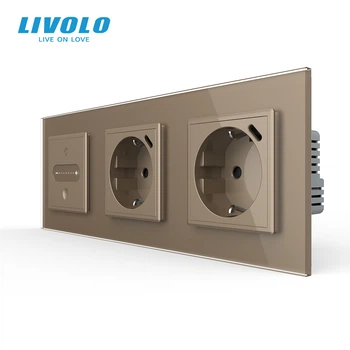 Умный сенсорный диммер LIVOLO с двумя розетками с USB Type-C 18Вт, золотой, стекло, 16A 230V, заземление