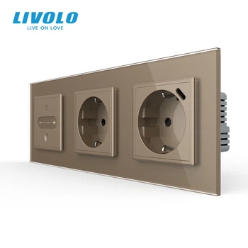 Умный проходной сенсорный диммер LIVOLO с розеткой и розеткой с USB Type-C 18 Вт, золотой 2.5D, стекло, заземление