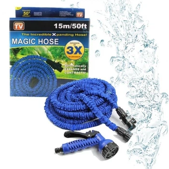 Шланг Magic Hose 15 метров для полива сада 400 г с распылителем Синий