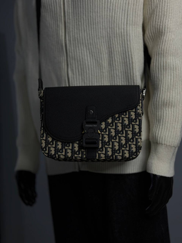 Мужская сумка Dior текстиль и эко-кожа одно основное отделение 24×19×6,5 см бежевая с черным (Premium-A822)