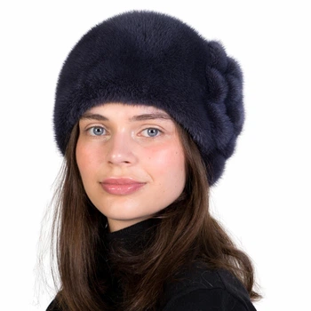 Шапка норковая Меховой Стиль Шарик две ромашки 54/60 Синий ирис (045/B)