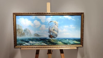 Картина Корабль и шторм в багетной раме 33х70 см. №404