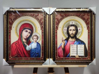 Икона Спаситель и Казанская Богородица в золотистой багетной раме 30х40 см.№223