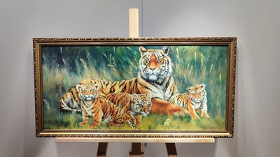 Картина Тигриця та тигринята в багетній рамі 33х70 см. №708