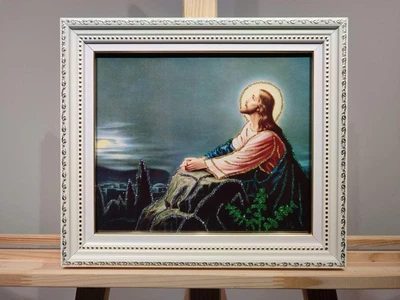 Икона Иисус на елеонской горе с блеском в белой багетной раме 20х24 см. №P122