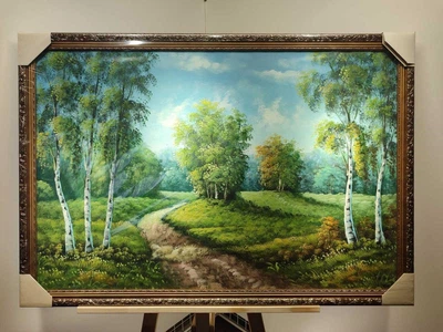 Картина рисованая красками на холсте в багетной раме Березовая поляна 60x90см. №H202