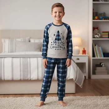 Пижама с новогодним принтом, байковая, для мальчика, SmileTime рост 104 см синяя (OX36-33-7)
