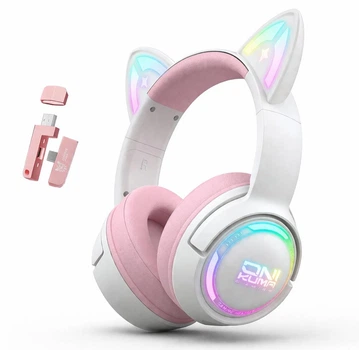 Ігрові бездротові навушники Onikuma GT838I Pink з котячими вушками, мікрофоном і RGB-підсвічуванням, Bluetooth + 2.4G + AUX Pink