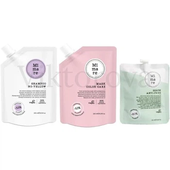 Набор против желтизны и защиты цвета волос Mimare: Шампунь Mimare No-Yellow Shampoo 200 мл + Маска Mimare Color Care Mask 200 мл + Серум против пушистости Mimare Anti-frizz 40 мл