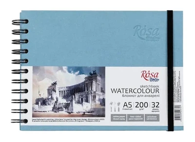 Блокнот для акварелі А5 Rosa Studio 200г/м 32 аркуша, білий папір Watercolor by Smiltanis, на спіралі 1692055* - блакитний